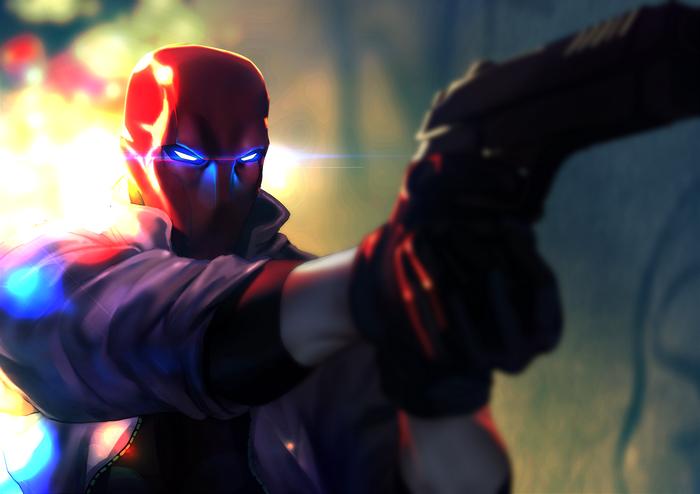 Red Hood aiming a gun