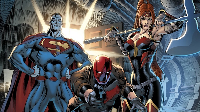 Superman, Wonder Woman, and Red Hood in a hallway