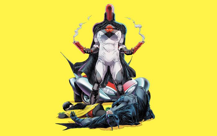 Red Hood standing over Batman and Robin