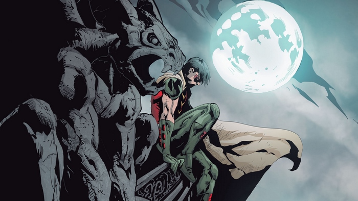 Robin sitting on a gargoyle under the moon