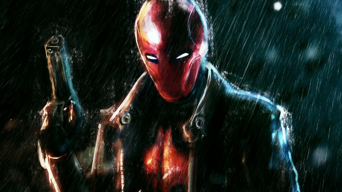 Red Hood holding a gun in the rain