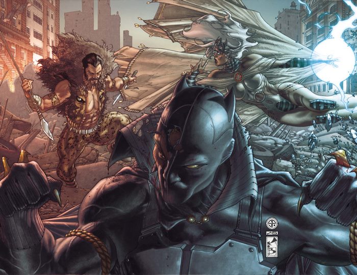 Black Panther, Kraven the Hunter, and Storm in a city