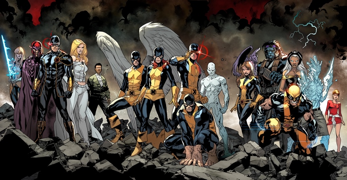 X-Men characters standing on rubble