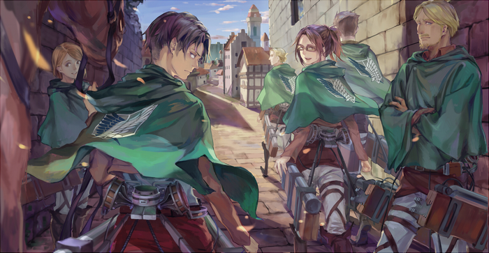 Attack on Titan characters in a town