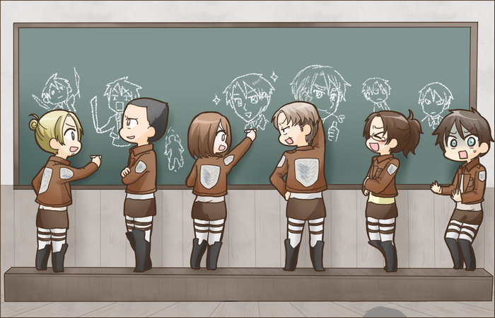 Chibi characters from Attack on Titan drawing on a blackboard