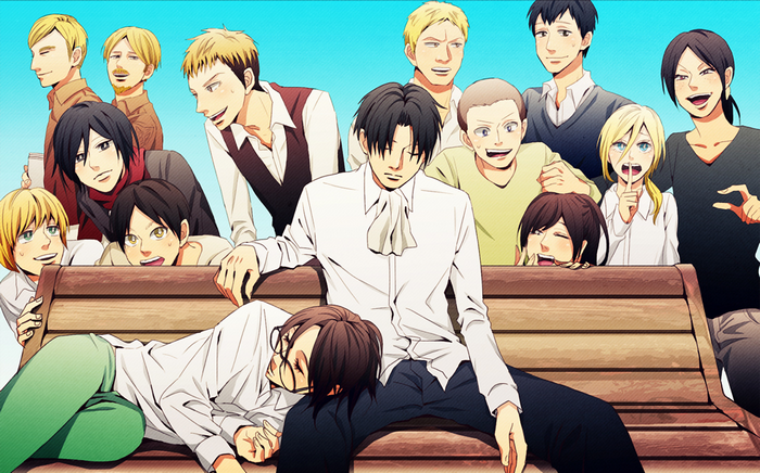 Attack on Titan characters on a bench