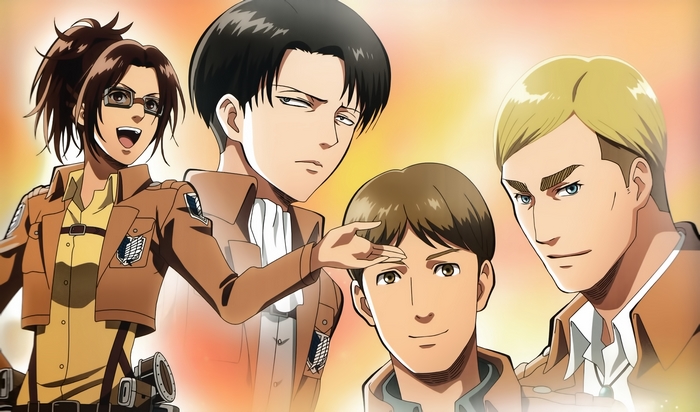 Hange Zoë, Levi Ackerman, Erwin Smith, and Survey Corps member from Attack on Titan