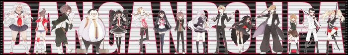 Danganronpa characters in front of title