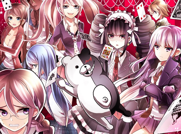 Danganronpa characters with Monokuma and playing cards