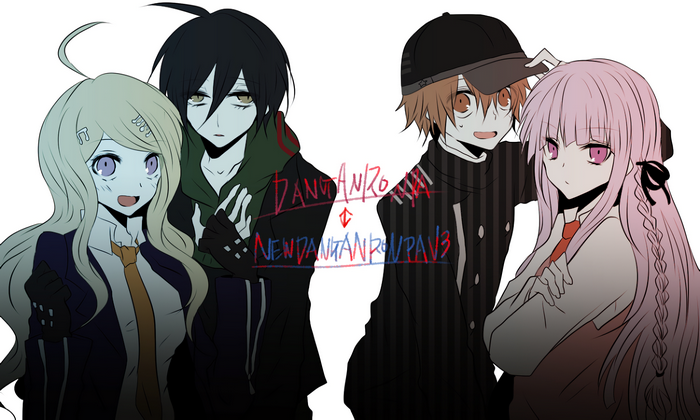 Kaede Akamatsu and Shuichi Saihara from Danganronpa V3, Kyoko Kirigiri and Yasuhiro Hagakure from Danganronpa