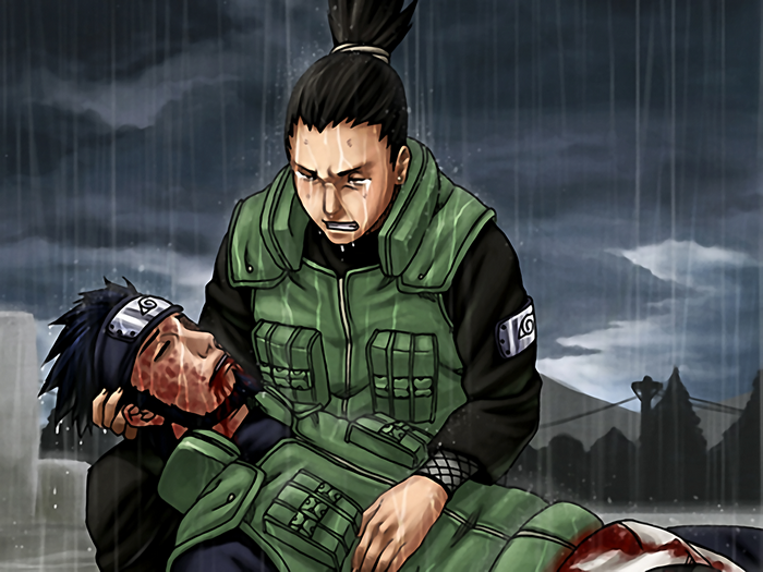 Shikamaru Nara carrying a wounded comrade