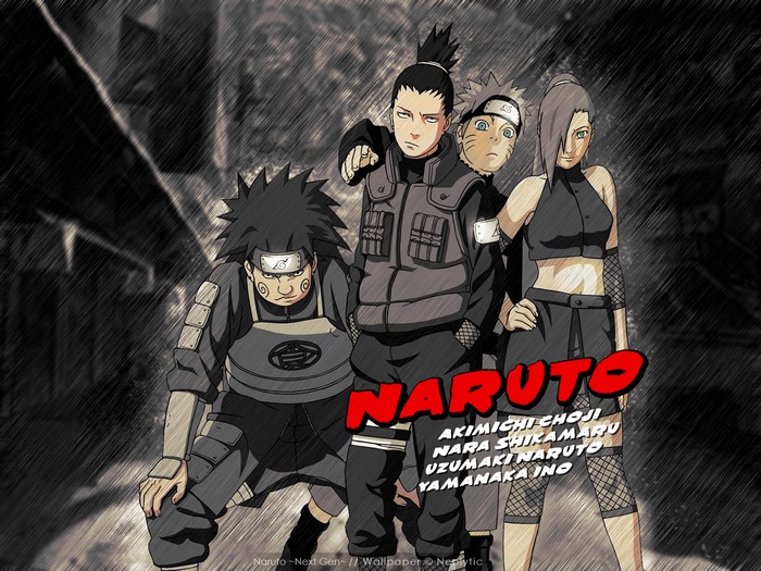 Naruto characters: Choji, Shikamaru, Naruto, and Ino