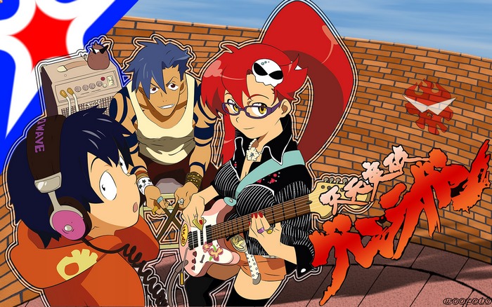 Simon and Yoko from Tengen Toppa Gurren Lagann with a band