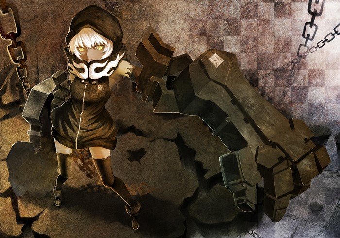 Girl with large mechanical arm and chains