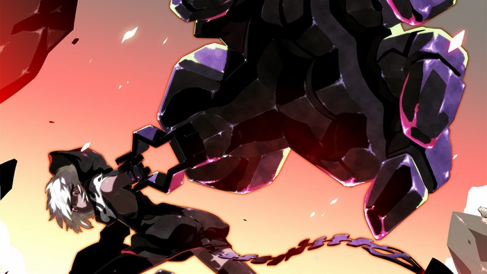 Girl with white hair and black outfit fighting a giant stone fist