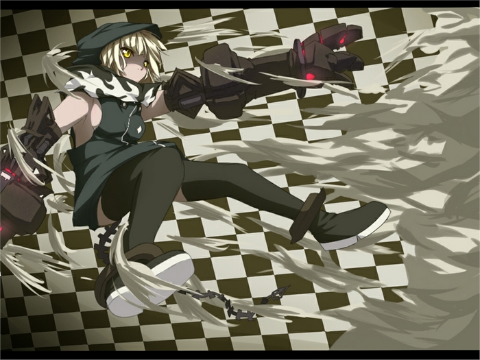 Girl with mechanical arms on checkered background