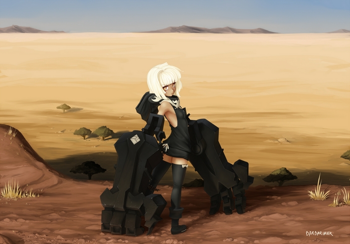 Girl with large mechanical arms in desert