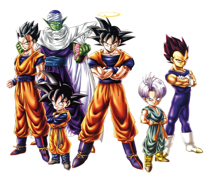 Dragon Ball Z characters: Goku, Vegeta, Gohan, Trunks, Goten, and Piccolo