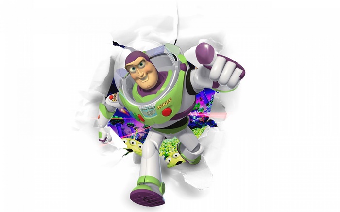 Buzz Lightyear breaking through a white background
