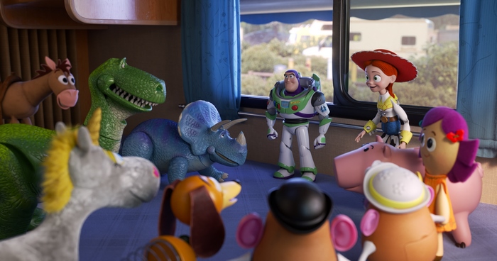 Buzz Lightyear and friends in a room