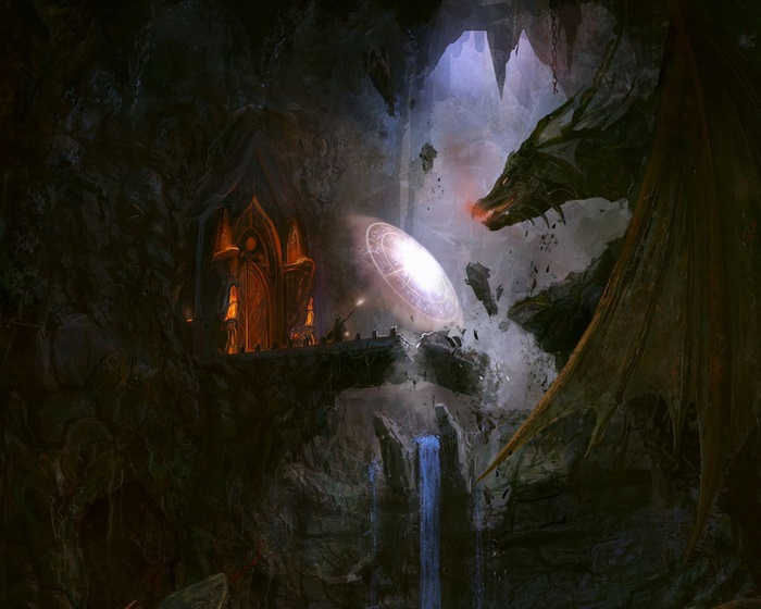 Dragon in a cave with a magical portal