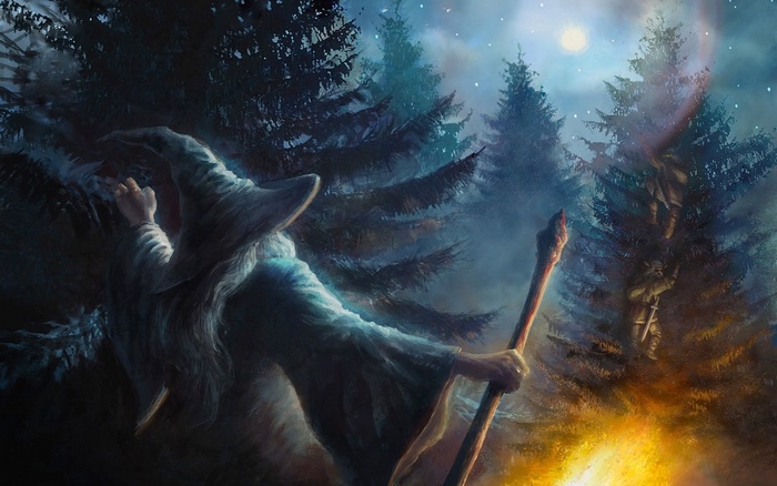 Gandalf in a forest at night