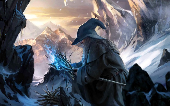 Gandalf in a snowy mountain landscape