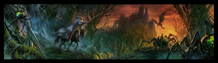 Gandalf on horseback in a dark forest with spiders and a dragon