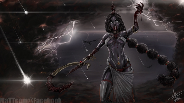 Dark Goddess with Scythe in Stormy Sky