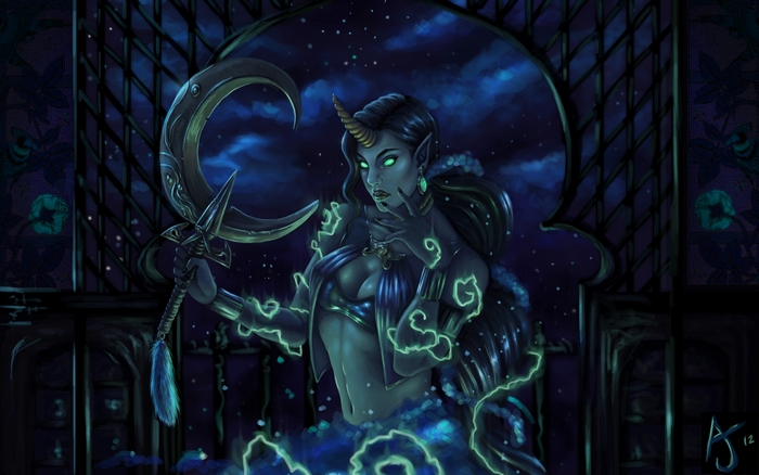 Soraka from League of Legends with a crescent blade