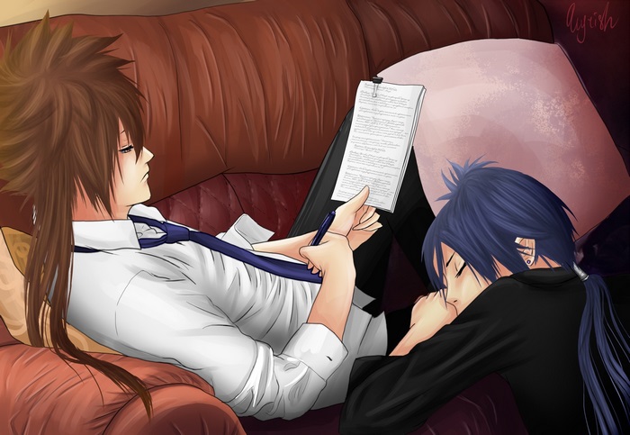 Tsunayoshi Sawada and another male character on a couch
