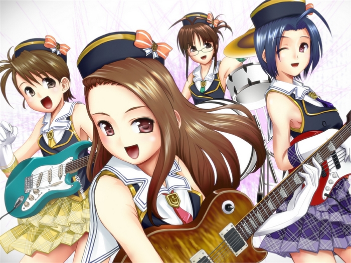 Four anime girls playing musical instruments