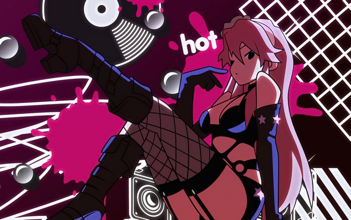 Anime girl with pink hair and fishnet stockings