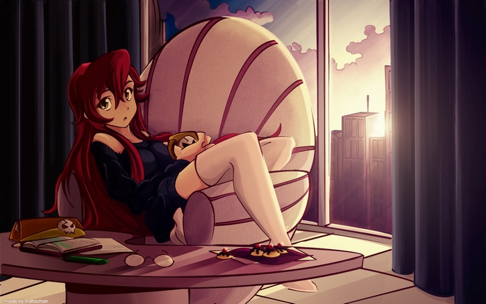 Yoko Littner from Gurren Lagann relaxing with coffee