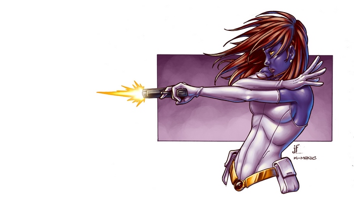Mystique from Marvel Comics firing a gun