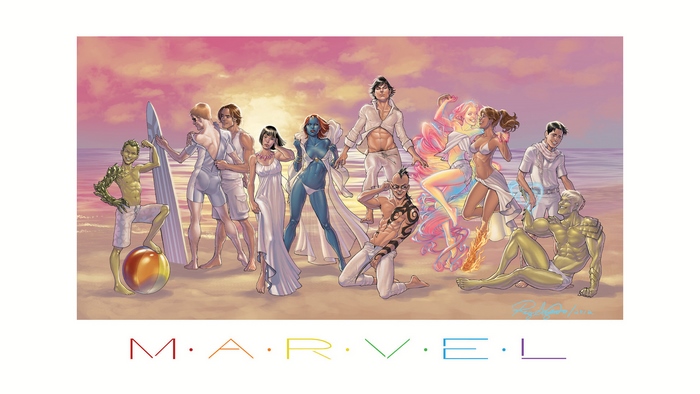 Marvel characters on a beach at sunset