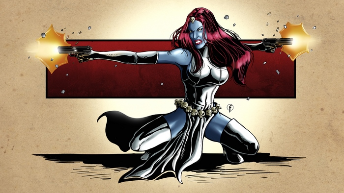 Mystique from Marvel Comics firing guns