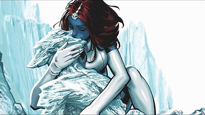 Mystique from Marvel Comics hugging ice