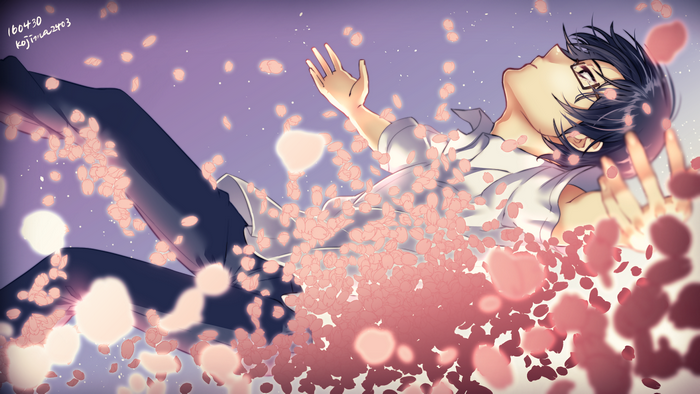 Satoru Fujinuma falling surrounded by cherry blossoms