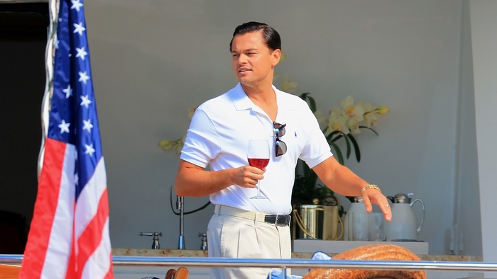 Leonardo DiCaprio as Jordan Belfort on a yacht