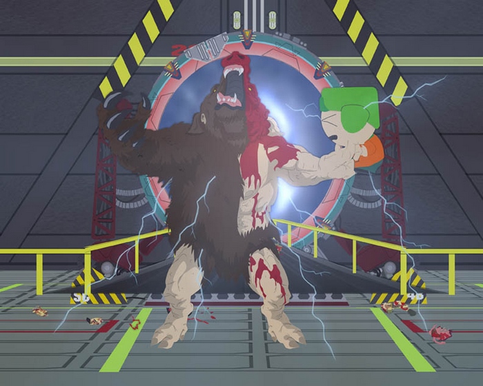 Werewolf monster holding Kyle Broflovski