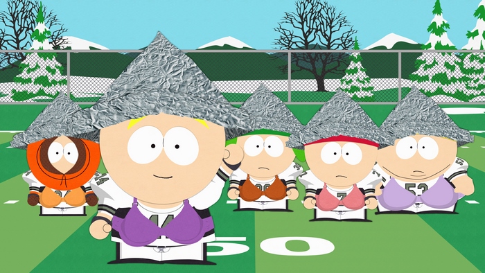 South Park characters wearing tin foil hats and bras
