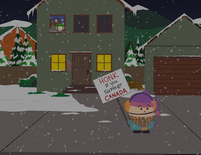 Kyle Broflovski holding a sign in South Park