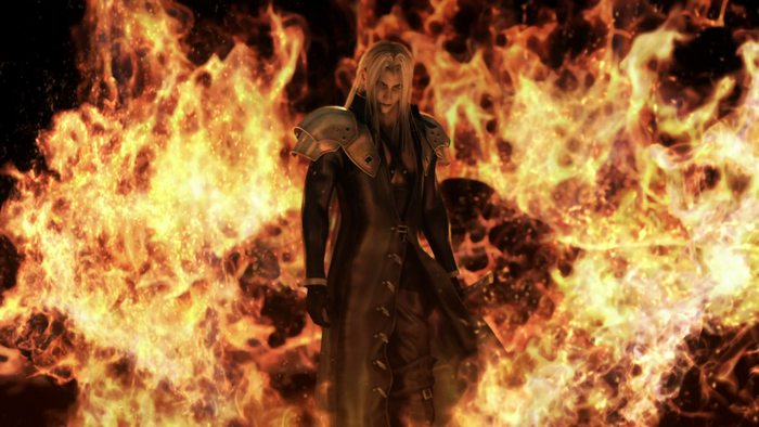 Sephiroth from Final Fantasy surrounded by fire