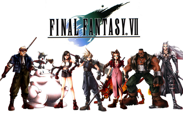 Final Fantasy VII characters with logo
