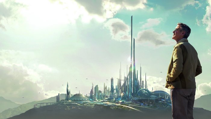 George Clooney looking at a futuristic city