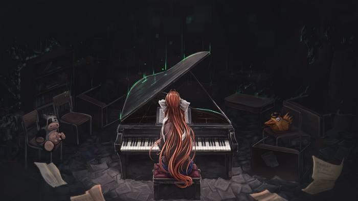 Monika from Doki Doki Literature Club! playing piano