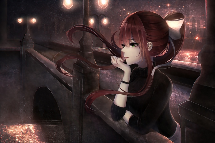 Monika from Doki Doki Literature Club! on a bridge at night