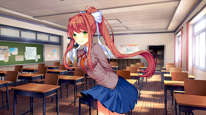 Monika from Doki Doki Literature Club! in a classroom