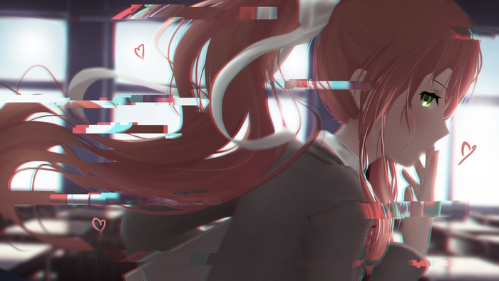 Thoughtful Monika with Flowing Hair and Digital Glitches